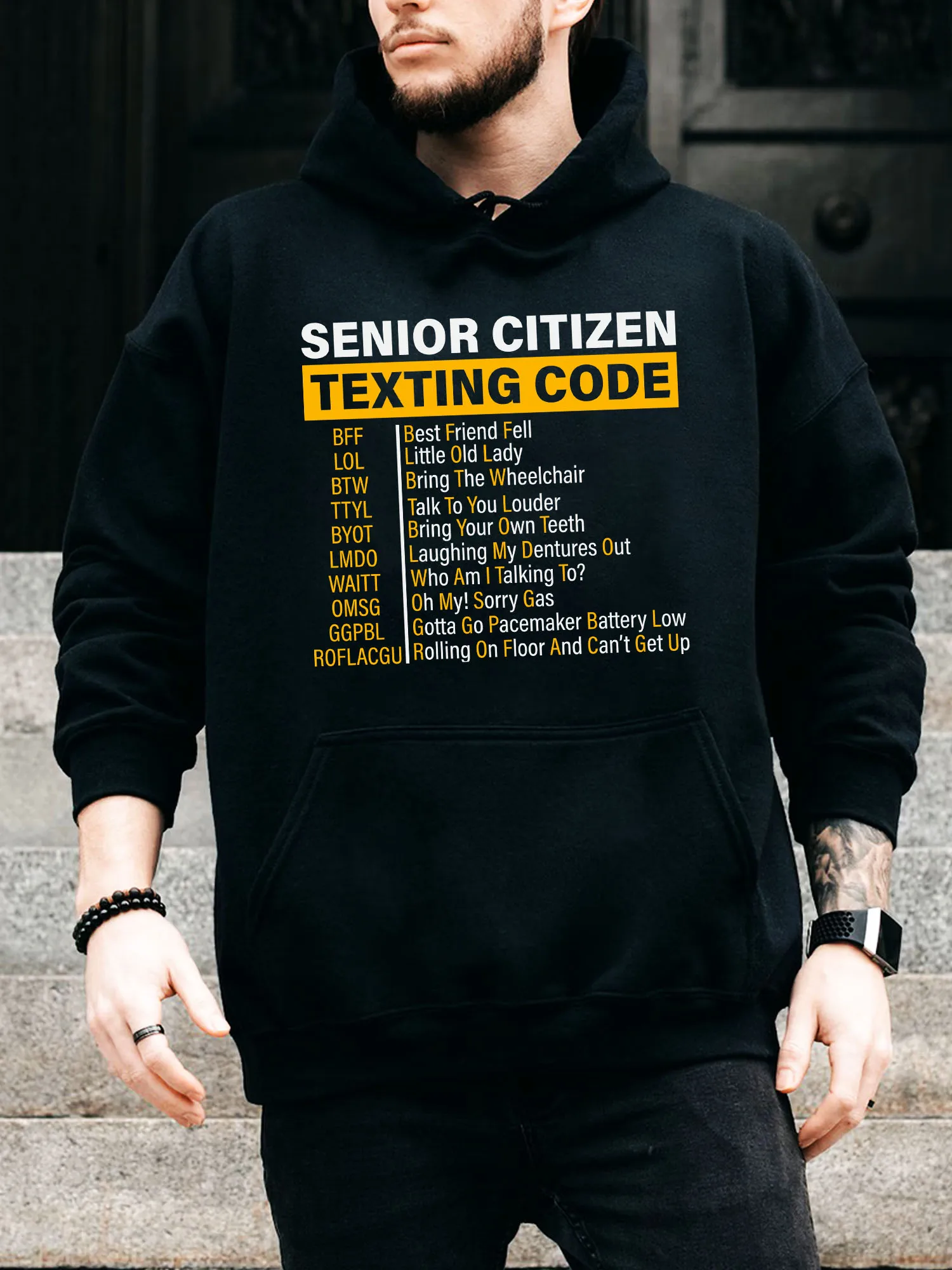 

Funny Senior Citizen Men's Drawstring Hoodie - Casual Comfortable Black Pullover, Fall & Winter Hooded Sweatshirt