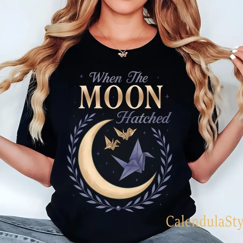 When The Moon Hatched, Romantasy Dragon Bookish T-Shirt, Dragon Moonplume Tee, Dreamy Lunar Origami Crane Tee