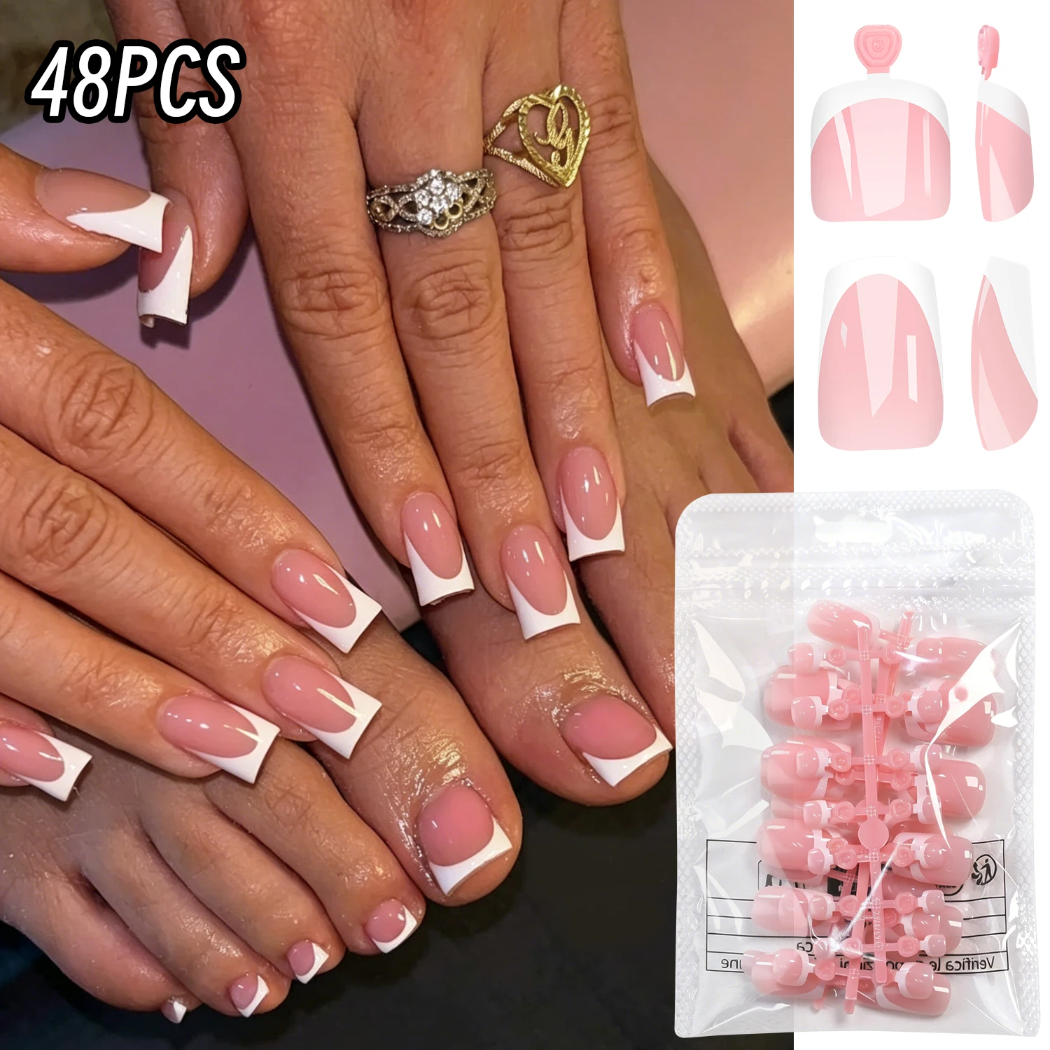 48PCS Nude Pink French Manicure Press On Nails 24PCS Hand Nail Tips + 24PCS Toe Nail Tips Reusable False Nails Wedding & Party *
