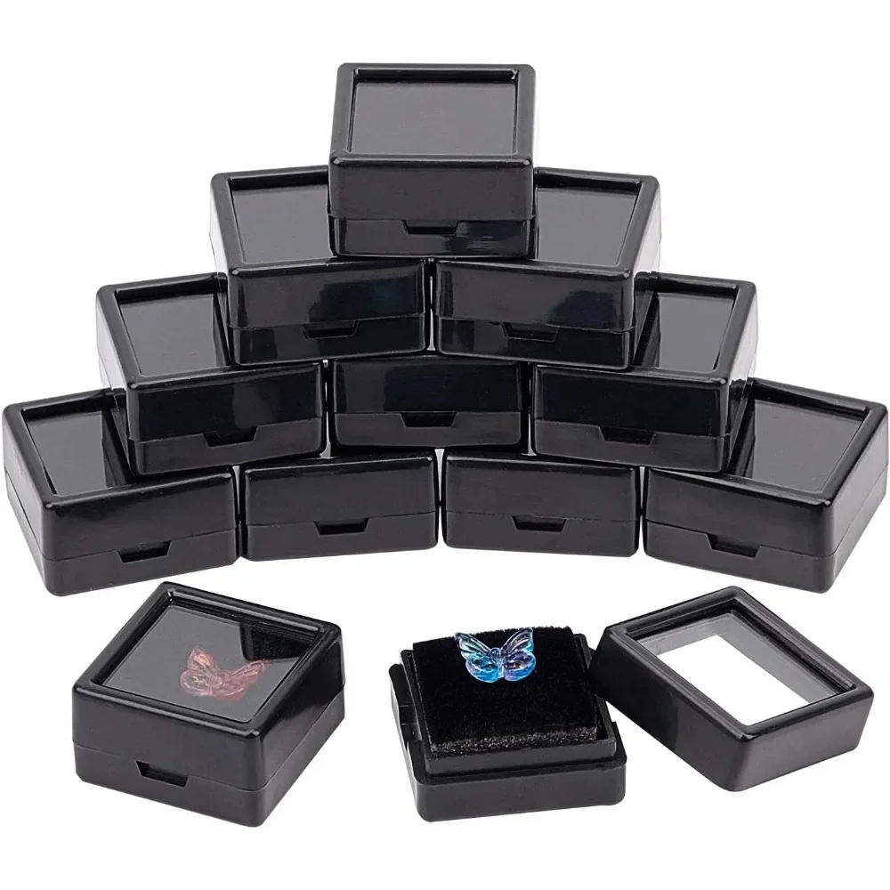 

Black Gemstone Display Box Mini Square Acrylic Jewelry Box Container(1.2x1.2x0.6) with Clear Top Lids and Sponge for Gems