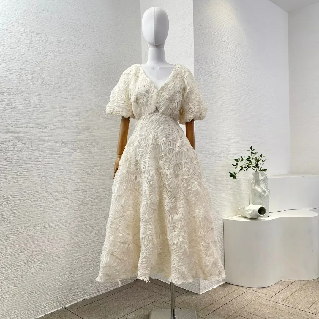 

2025 New Genglewomanly White Lace Patchwork Short Sleeve V Neck Mini Dress