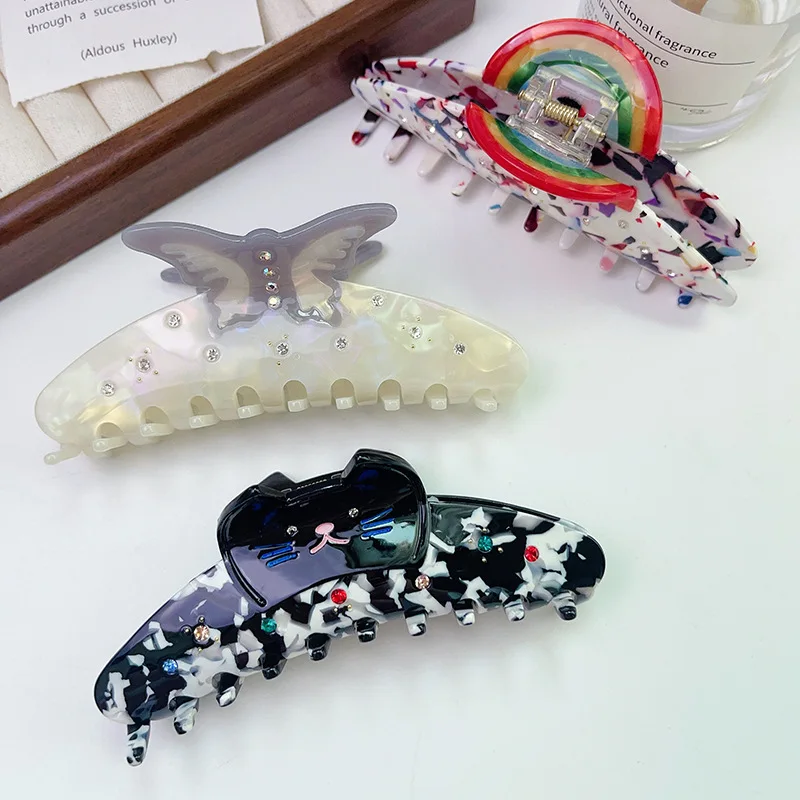 Creative Splicing Butterfly Grab Clip Cartoon Cat Acetate Cute Watermelon Hairpin Rainbow Shark Claw For Women Accessories