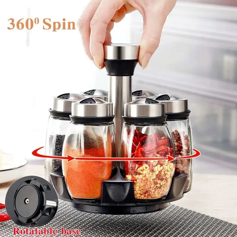 Kitchen Rotating Spice Bottle Set Glass Material Seasoning Salt Sugar Pepper Seasoning Storage Bottle Kitchen Spice Rack