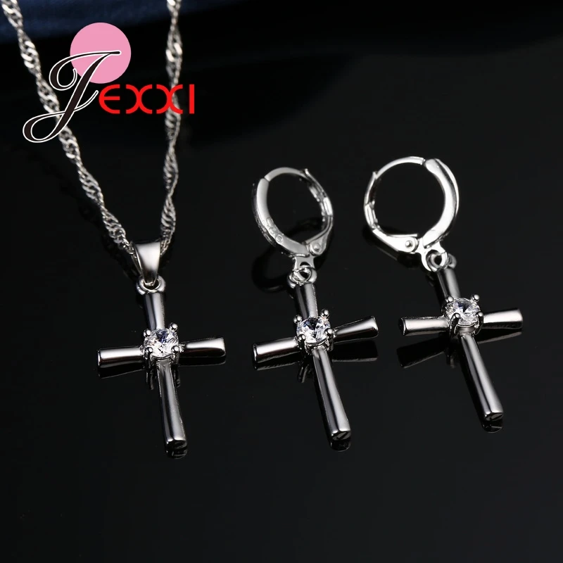 Classic Cross Shape Necklaces Earrings Set For Party Jewelry Fashion Cubic Zircon 925 Sterling Silver Bridal Wedding Set