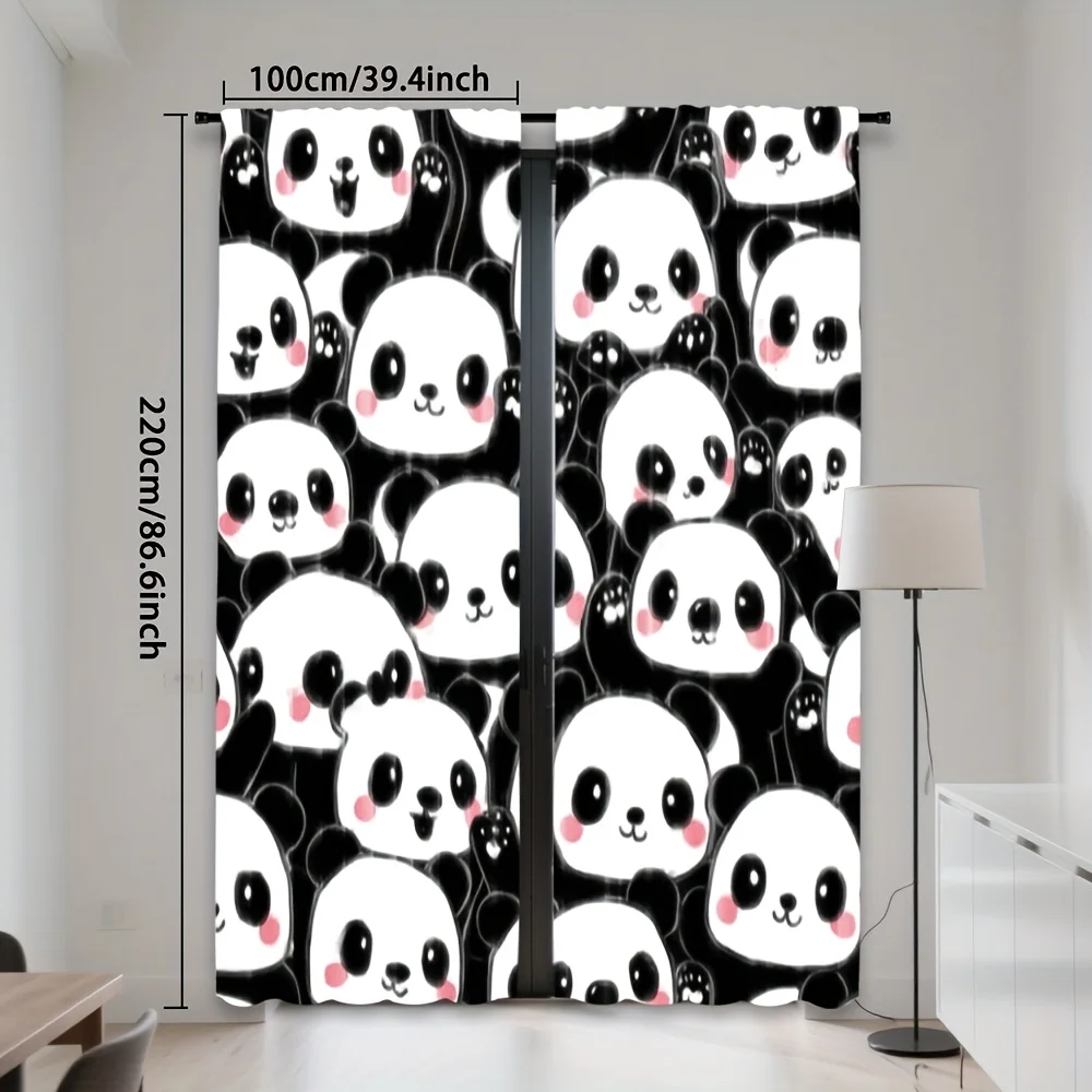 Cartoon Panda Rod Pocket Curtain Blush Cheek Panda Monochrome Soft Print Baby Bedroom Playroom Bay Window Family Home Decor
