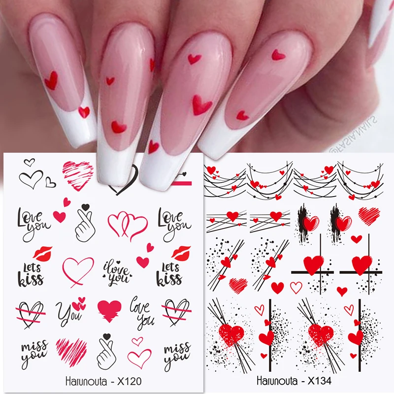 Harunouta Red Love Lines Water Decals Stickers Valentine' Day English Letter Heart Rose Flower Design Slider For Nail Manicure