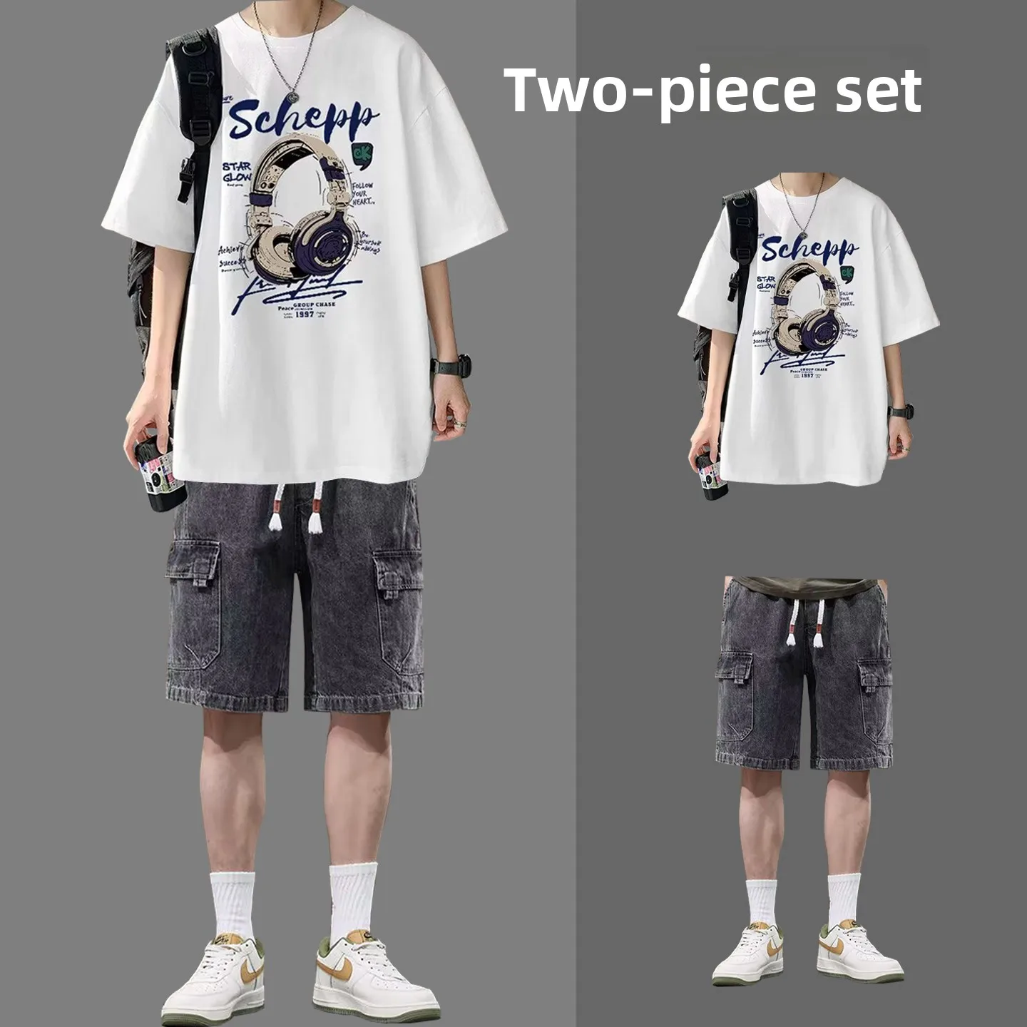 

Cool Trendy Teenage Boy's Summer Outfit Short Sleeve T-shirt And Jeans Set for Junior And High School Students Casual Sportswear