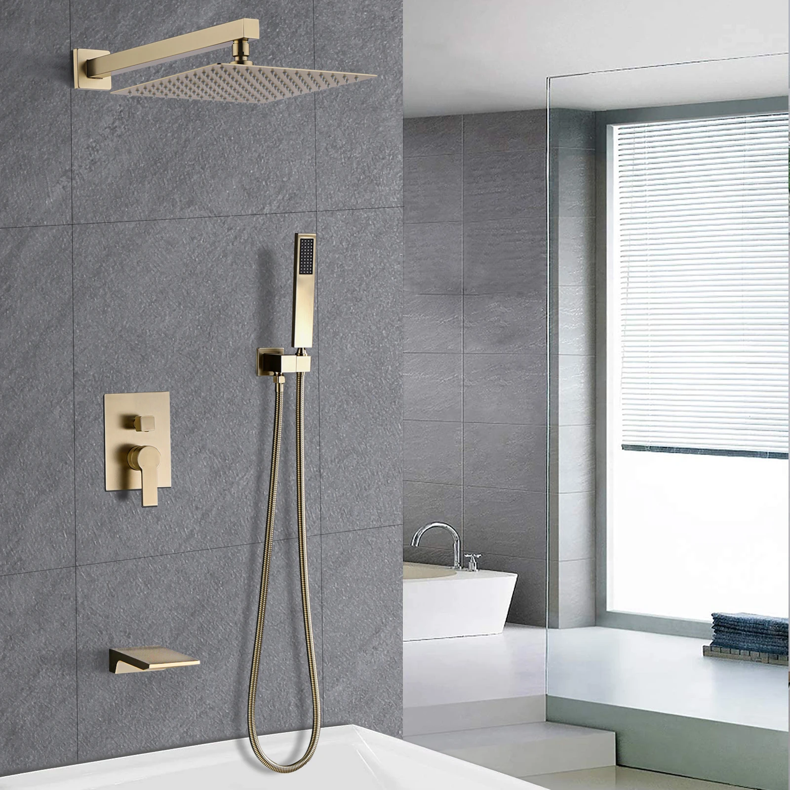 12 inch Gold Concealed Shower Rain Mixer Shower Combo Set Wall Mounted Rainfall Shower Head and Handheld System Shower Faucet