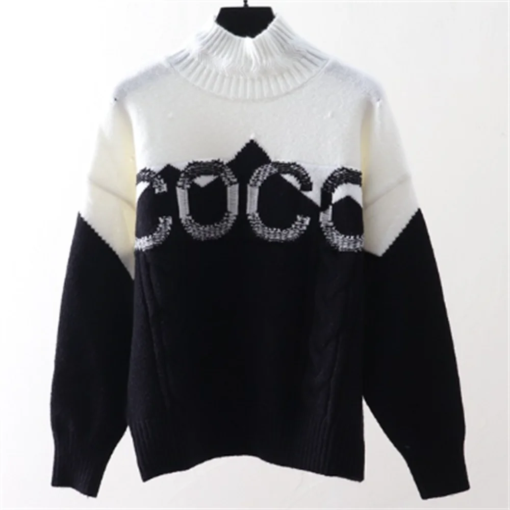 Women Color Vintage Print Knitwear Jumper Turn-down Collar Loose Long Sleeve Knitted Pullover