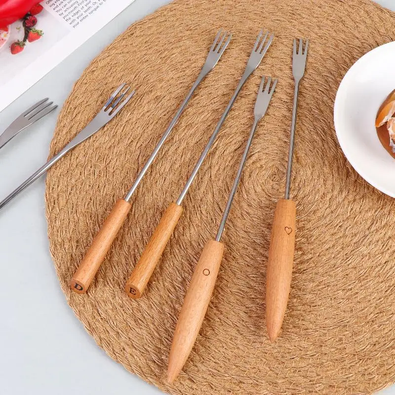 6 Piece Fondue Fork Grilling Set Muddler Reusable Fruit Forks Bbq Fork Dipping Wood + Stainless Steel For Cocktails Set