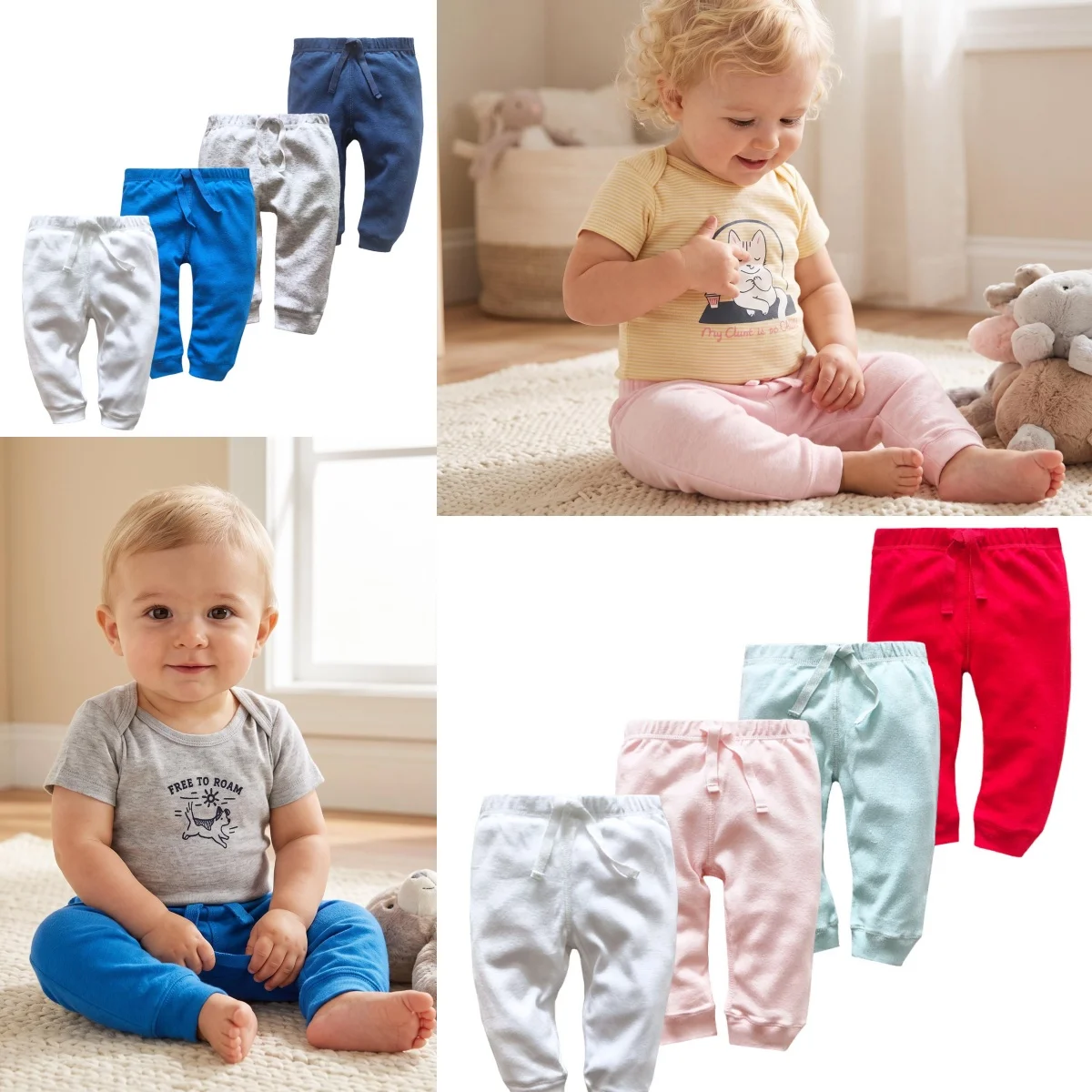 4‑Pack Newborn Baby Pants 100% Pure Cotton Elastic Waist Kids Trousers 0‑24M Unisex Infant Solid Color Loungewear Bottoms