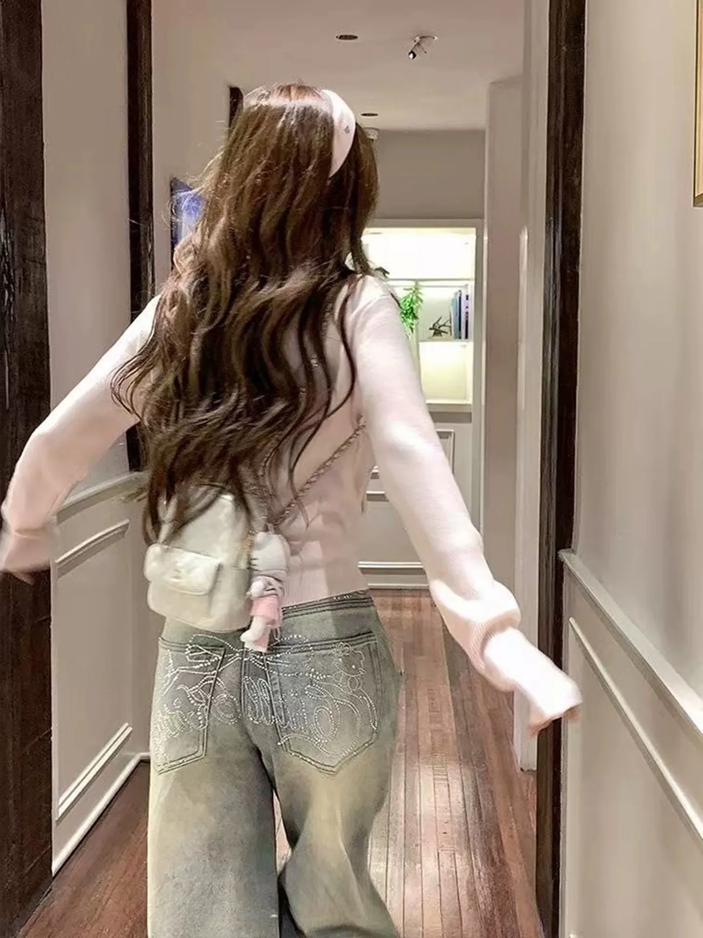 بنطلون جينز نسائي بتصميم أمريكي عتيق مزين بالأحجار الكريمة، خصر عالي وساق واسعة، تصميم عصري بعقدة فراشة، جينز كاجوال #4