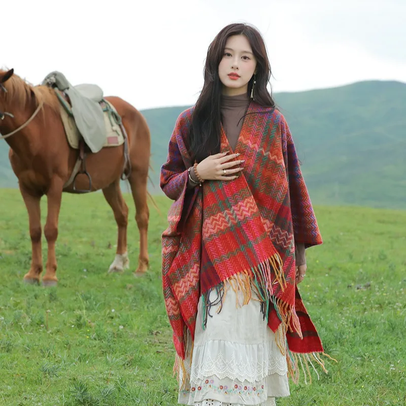 Wave Pattern Shawl with Ethnic Style Design Cloak Shawl for Women Spring New Design Stripesd Tassel Knitted