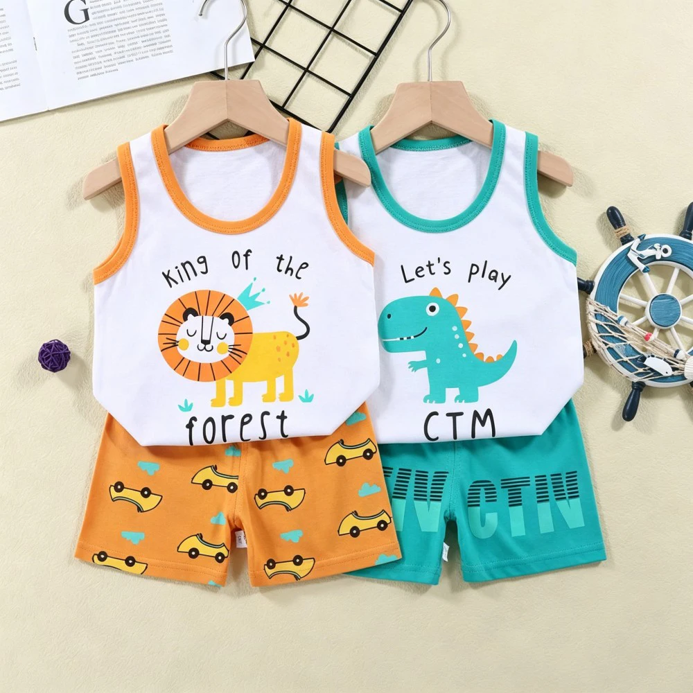 Kids Summer Sleeveless PJs Cartoon Tiger Dog Lion Infant Cotton Vest Shorts Sleep Set Toddler Nightwear Boys Girls Home Clothes