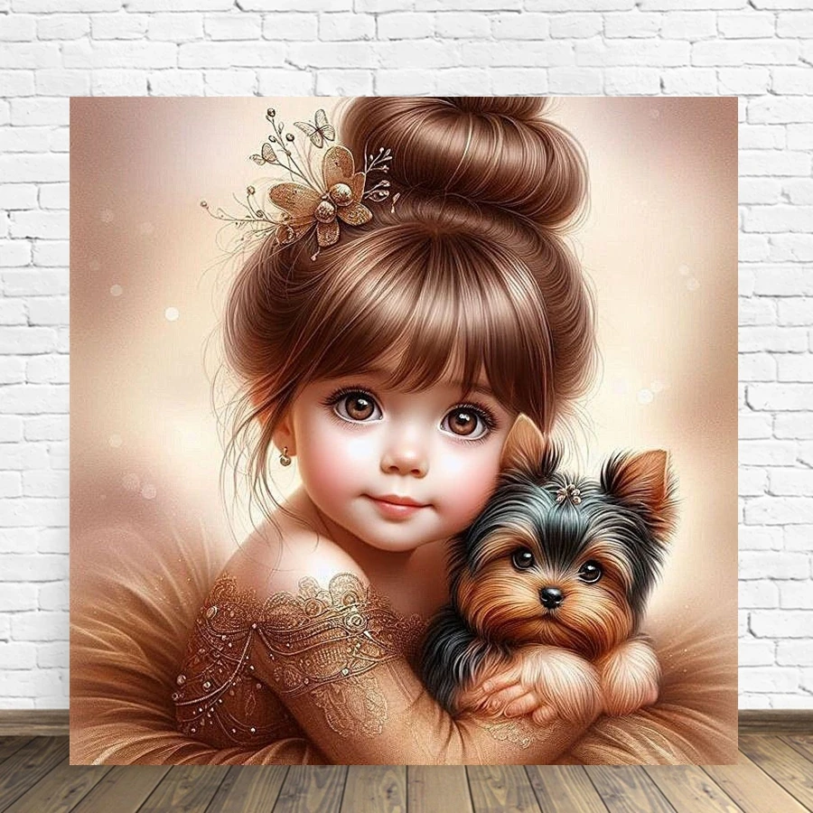 Little Girl and Yorkist Dog 5D AB Diamond Painting Animal Embroidery Rhinestone Mosaic Cross Stitch Room Decor Children's Gift