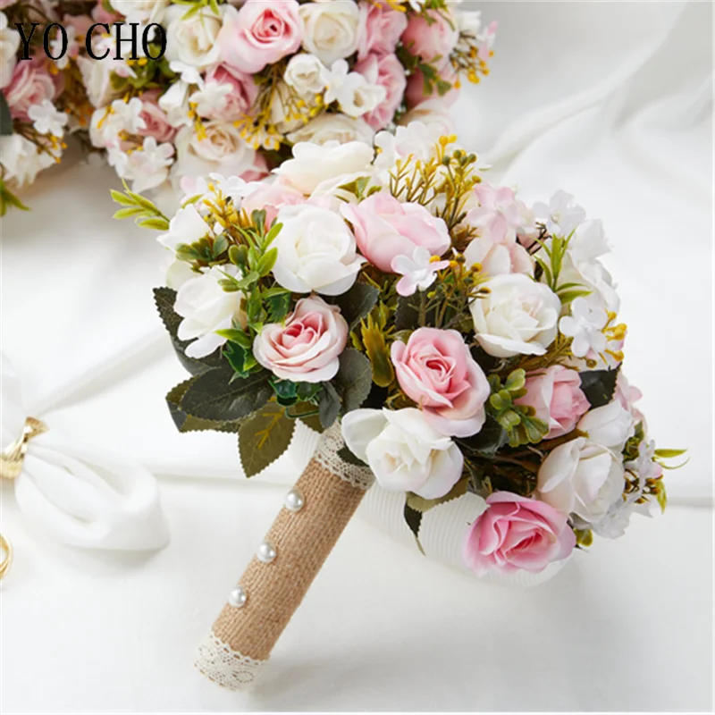 Bride Wedding Bouquet Bridesmaid Holding Flors Pink Roses Artificial Flower White Bridal Bouquet Wedding Decoration Accessories