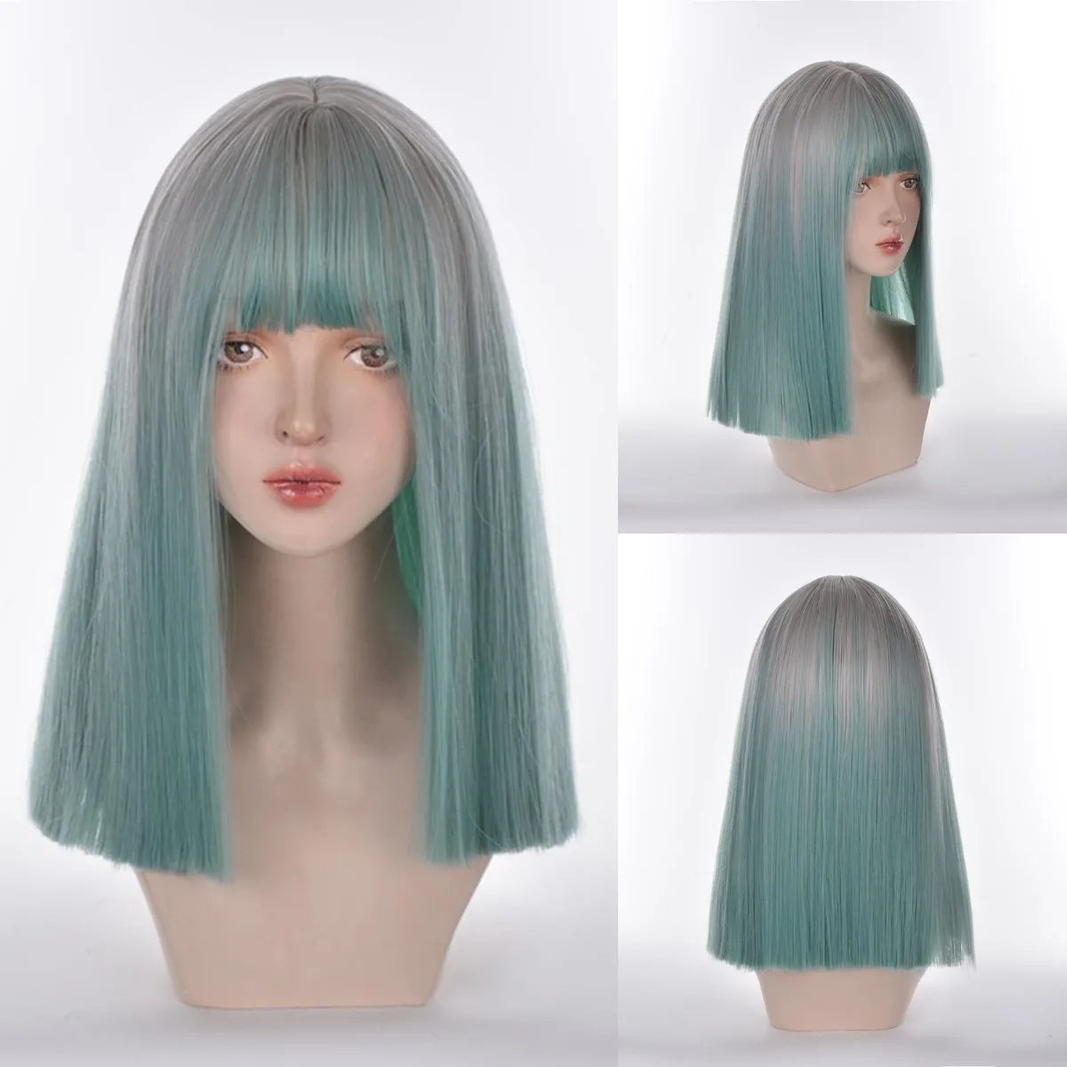 VICWIG Female Medium Long Synthetic Wig Cosplay Lolita Natural Gradient Green Purple Pink Color Student Soft Girl Straight Bangs