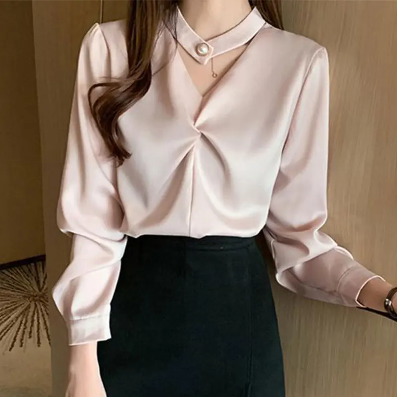 Women\'s Spring Fashion Office Lady Simplicity Solid Color Long Sleeve Shirts Women Clothes Casual All-match Temperament Tops