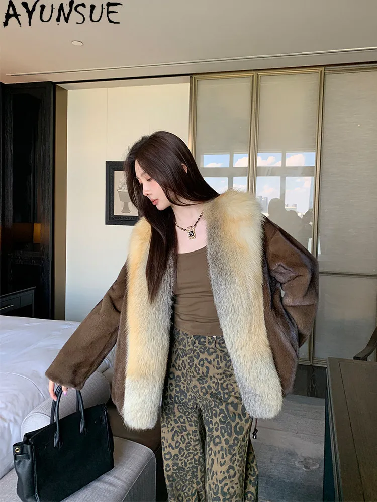 AYUSNUE Natural Mink Fur Coat Women Clothing Warm Velvet Whole Mink Winter Jacket Woman Fox Fur Collar 2026 Шуба Натуральный Мех