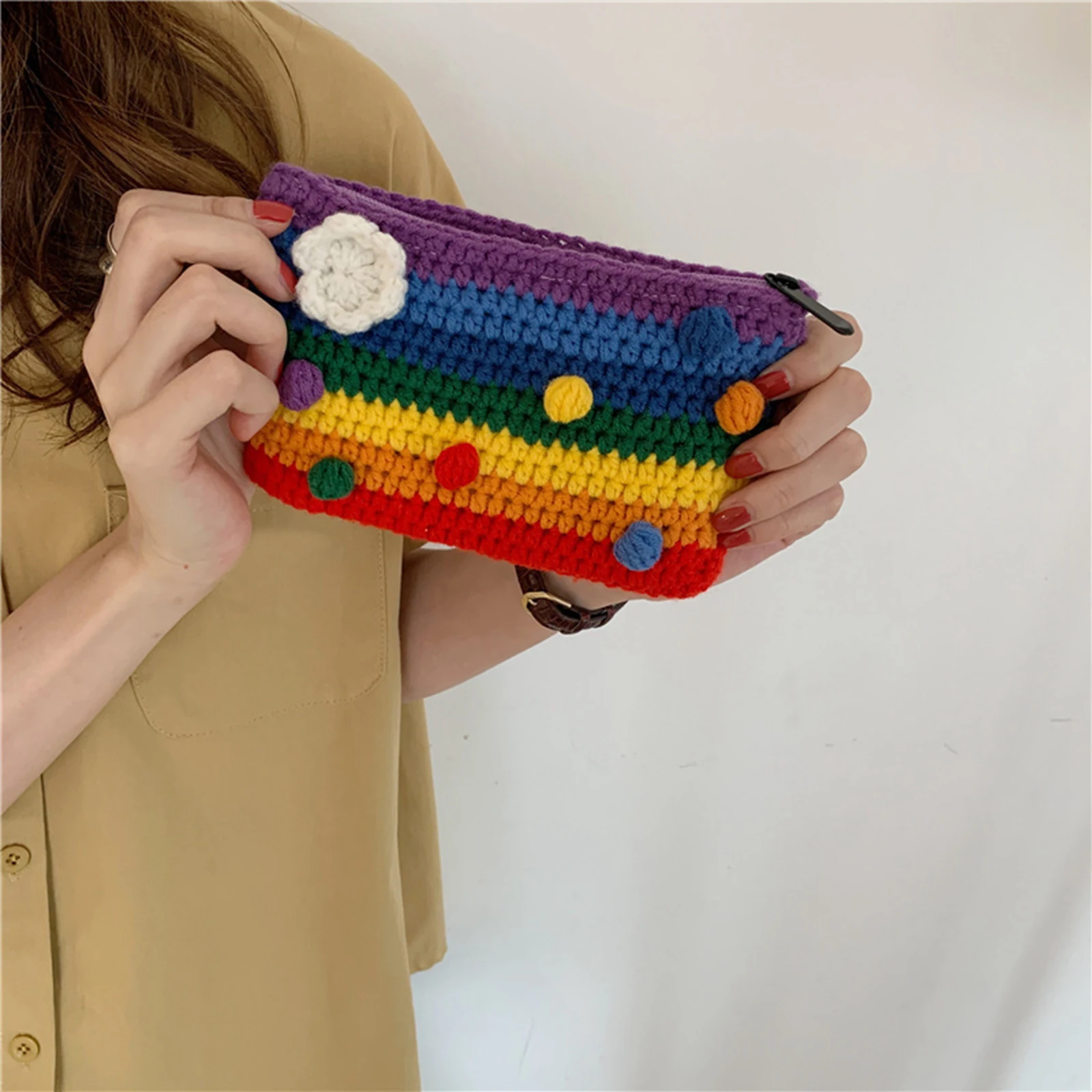 Rainbow Wallet Change Purse Handbag Card Holder Handmade Clutch Pouch Phone Pouch Small Knitted Coin Purse for Woman Gift