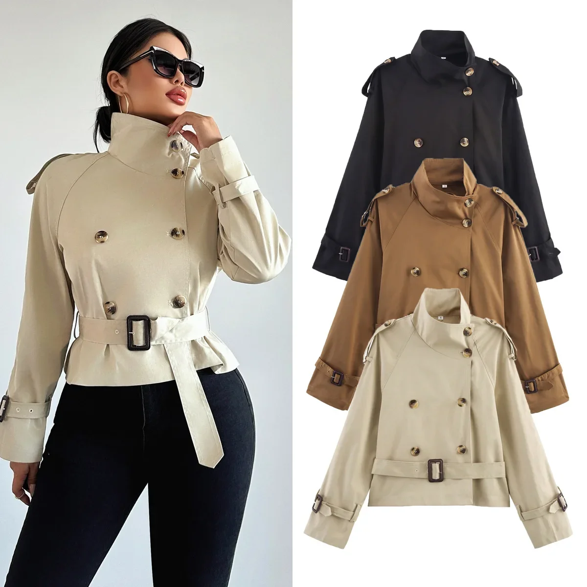 

Women Autumn Spring Short Trench Coat Fashion Solid Double Breasted Belt Female Elegant Street Windbreaker Outerwear Jacket