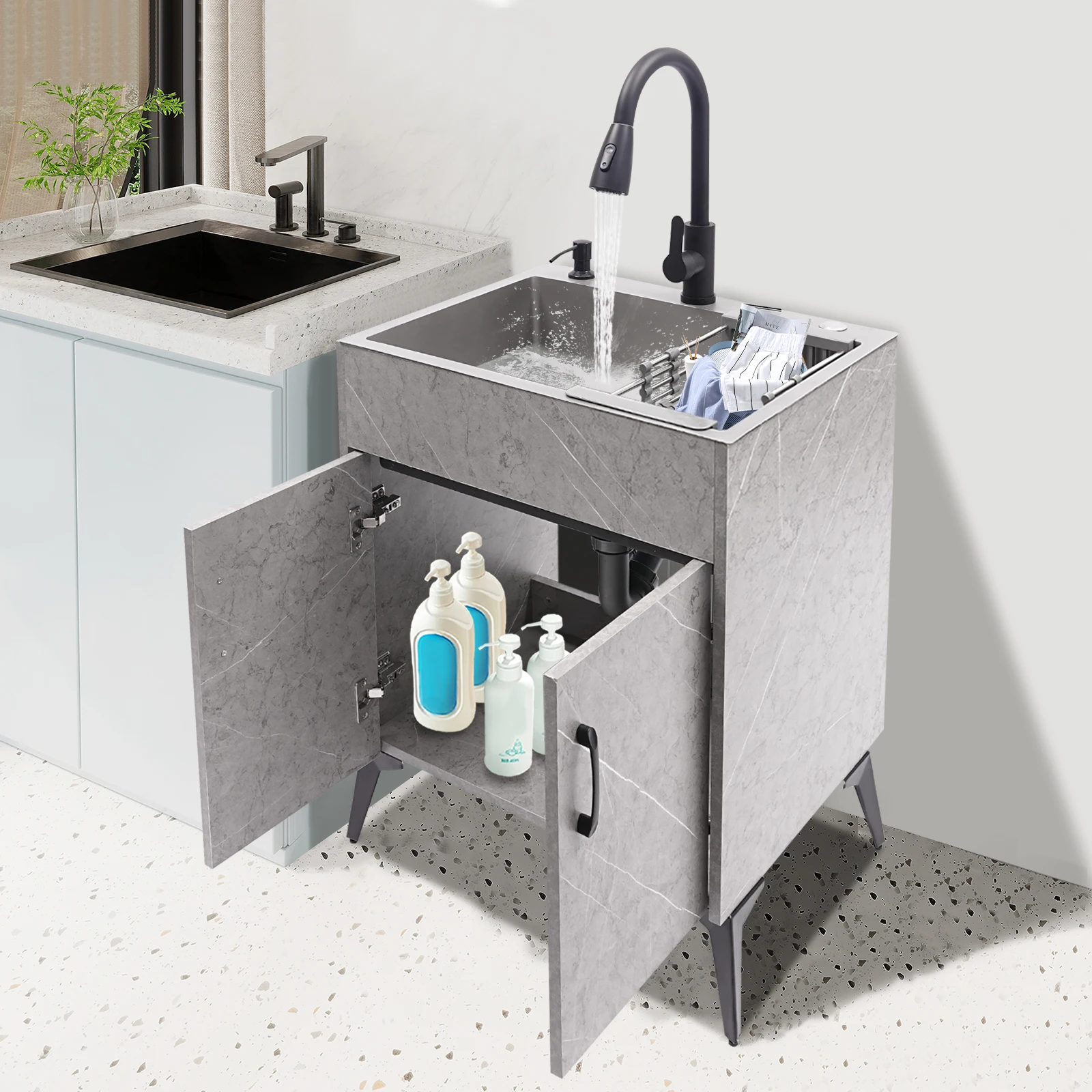 Grey Laundry Sink with Faucet Stainless Steel Utility Sink with Cabinet and Drawer Combination for Laundry Utility Room Kitchen