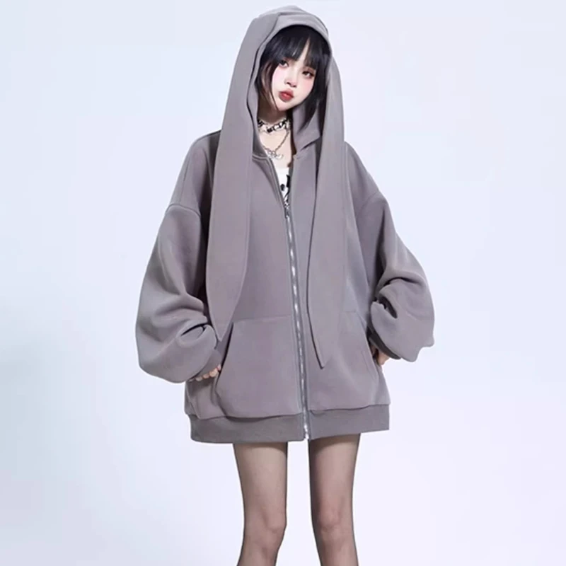 2024 Autumn Winter New Rabbit Extra Long Ears Hooded Sweatshirt Casual Loose Zipper Cardigan Hoodie Solid Zip Up Y2k Streetwear