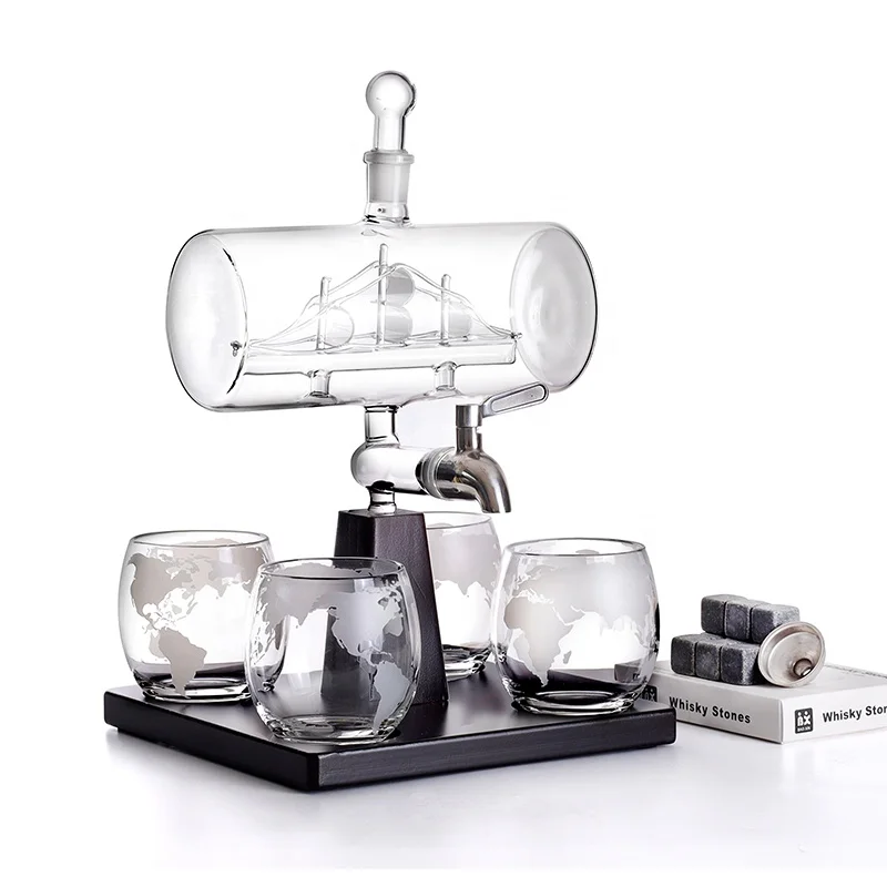 1100ml Wine Specialist Boat Decanter Set with 4 Globe Cup Drink Dispensers for Wine Whiskey Decanter