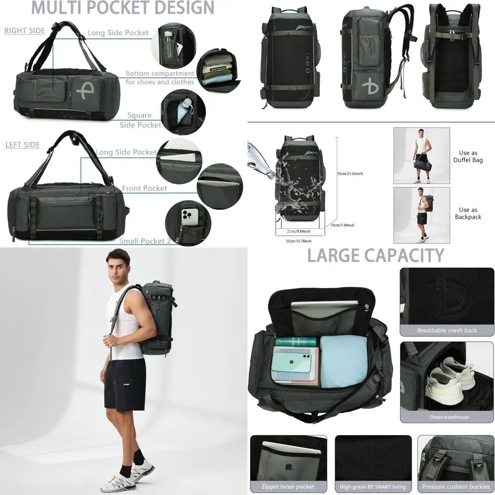

2-in-1 Convertible Gym and Travel Backpack with Shoe Compartment - 40L Waterproof Large Capacity Bag for Men
