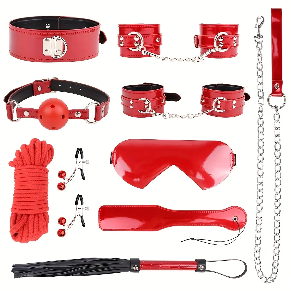 Kit de faux bondage avec tour de cou, menottes, fouet et bandeau pour les yeux, ensemble de contraintes BDSM, jouet sexuel flirtant pour adultes, femmes et couples, 9 pièces