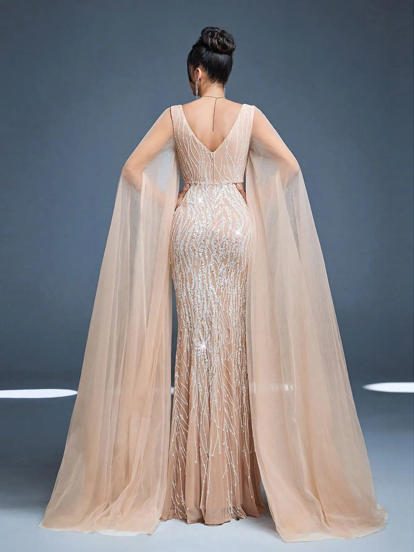 MgiacyV Mesh Net Sleeveless Double-layer Super-long Sleeve Form-fitting Beaded Slit Fish-tail Long Dress