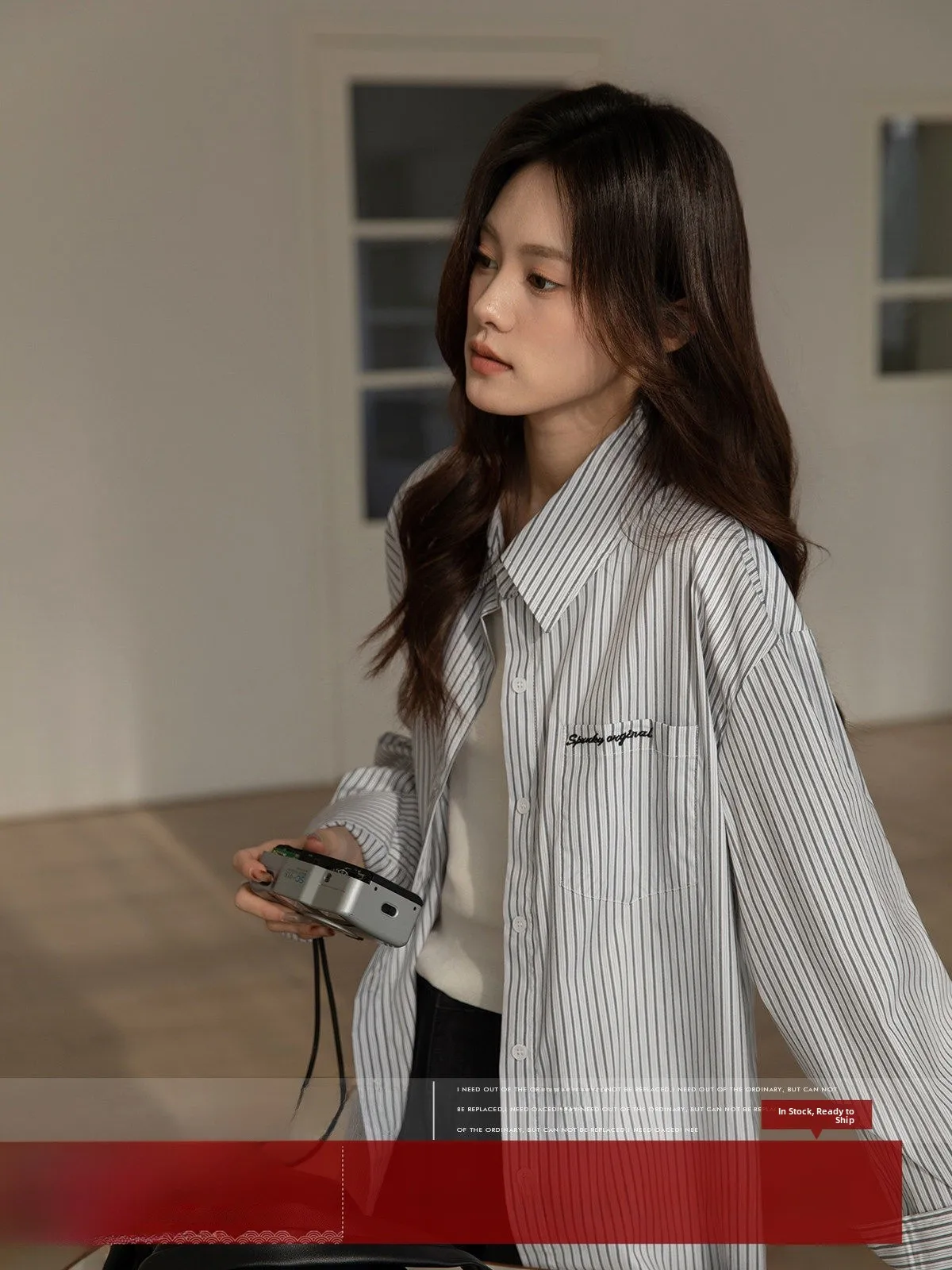 

Mozao женский длинный све вышитый полосатый отложной воротник, повседневный удобный крой из смеси хлопка, моющийся топ