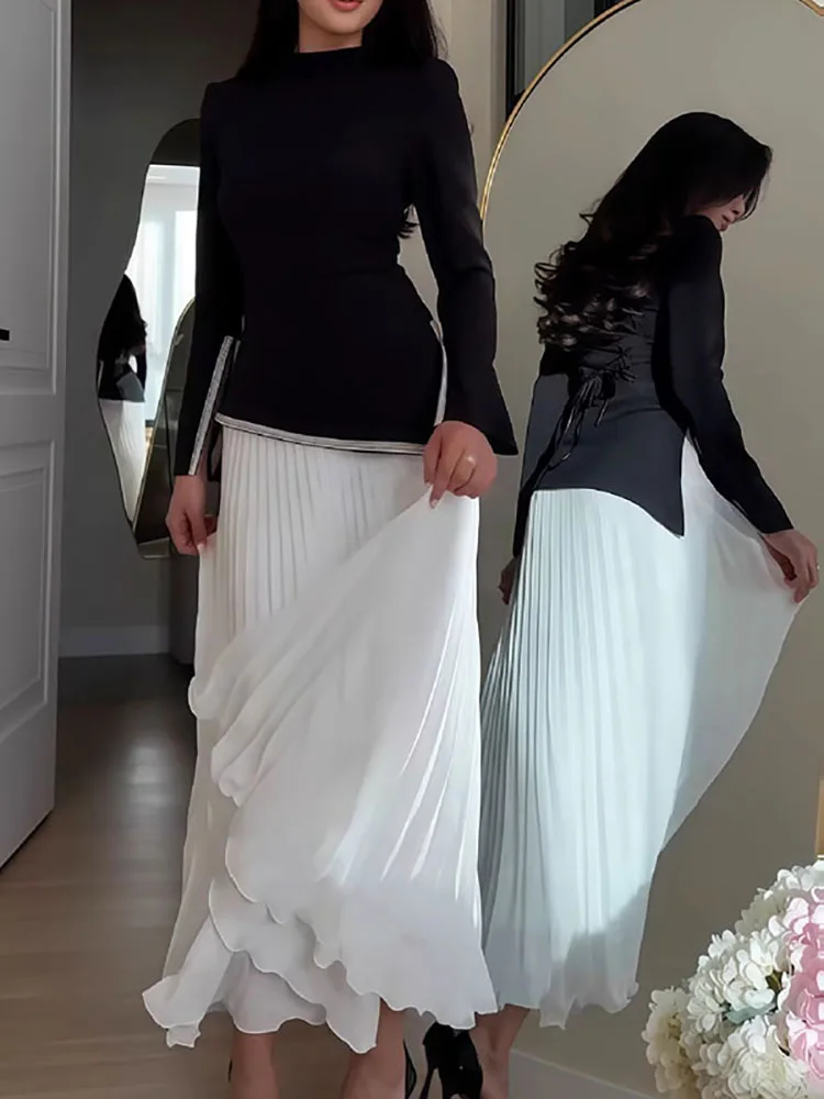 Women Fashion Draped Slim Long Skirt Outfits Casual Hight Waist Solid 2Pc Suit Elegant Stand Collar Long Sleeve Top & Skirt Set