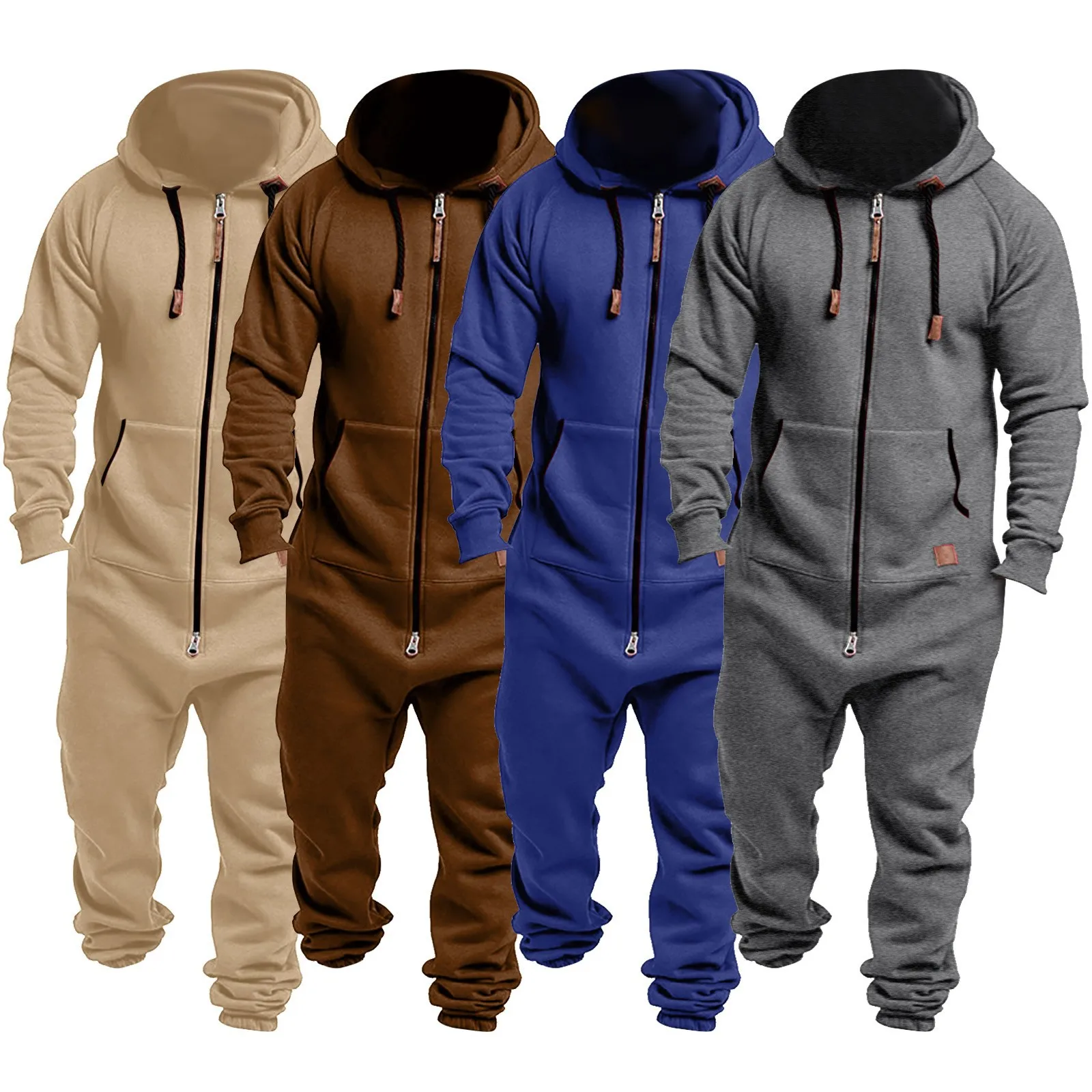 

New foreign trade men's hooded fleece jumpsuit solid color casual men's suit jumpsuit