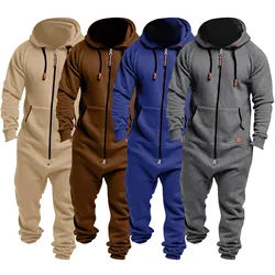 New foreign trade men's hooded fleece jumpsuit solid color casual men's suit jumpsuit