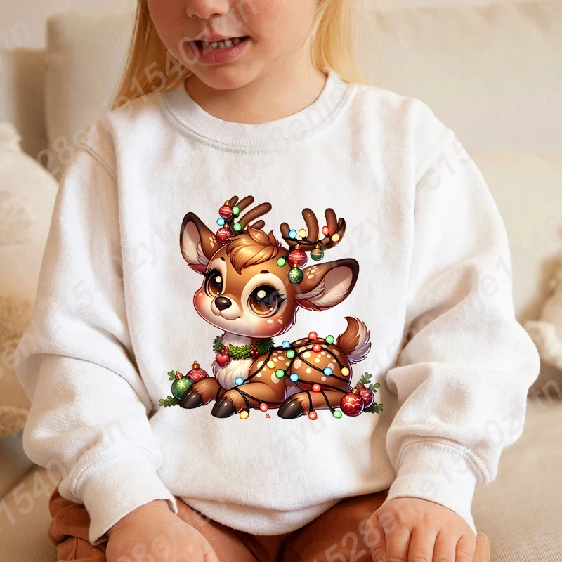 Christmas Reindeer Print Sweatshirts, Crew Neck Long Sleeves, Christmas Lights Pullovers, Xmas Sweatshirt for Girls