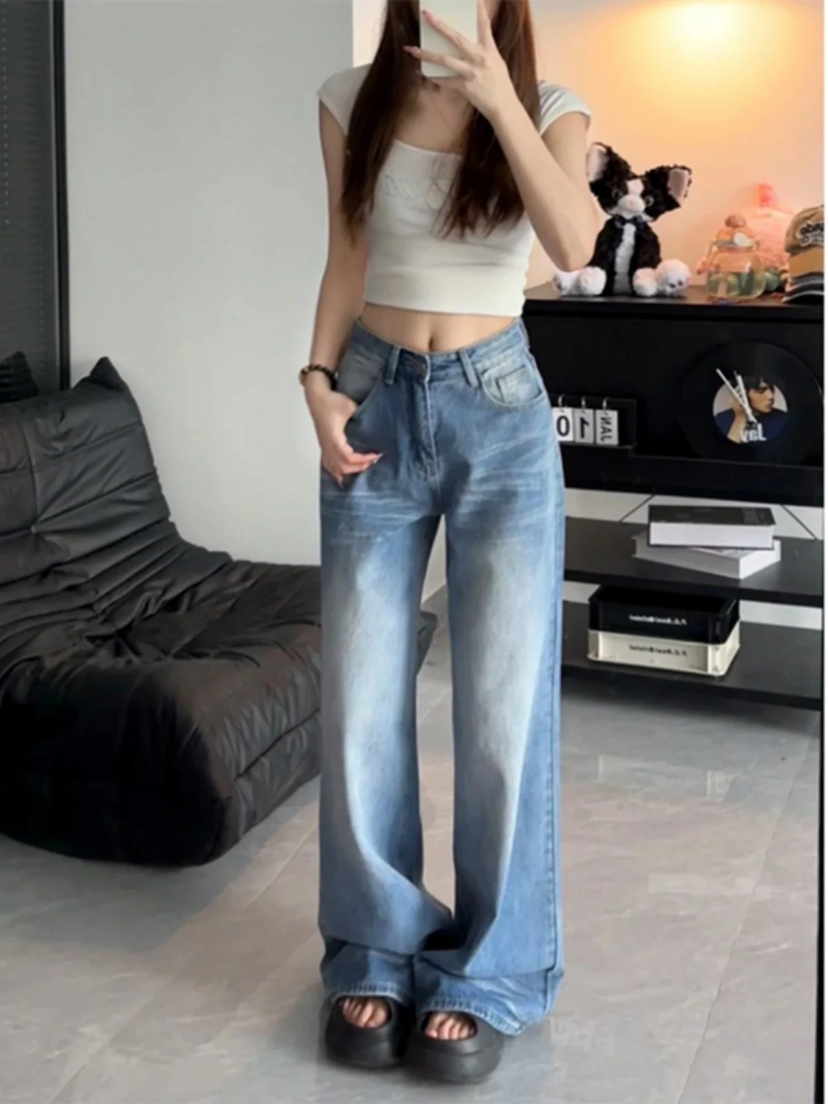 

Винтажные потертые джинсовые джинсы с высокой талией, широкие брюки, удлиненные для более высоких женщин, джинсы прямого кроя с эффектом удлинения ног