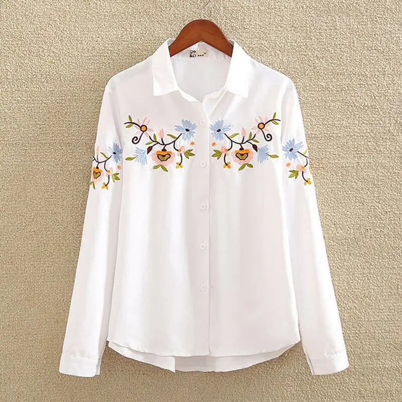 Shirts Office Work Tops Button Down ShirtsCotton Feather Embroidery White Long Blouse Women Long Sleeve Art Loose Ladies