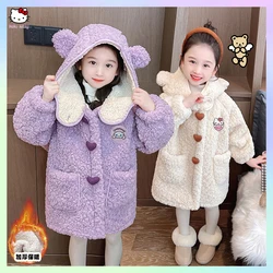 Sanrioed Anime Hellokitty Cinnamoroll Girls Coat Autumn Winter Lamb Velvet Kids Plus Wool Hooded Jacket Thickened Long Outwear