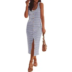 Slim Fit Suspender Dress With Front Slit Long Skirt Women'S Casual Sleeveless Striped Vest U-Neck Midi Slim Fit Dress For Women