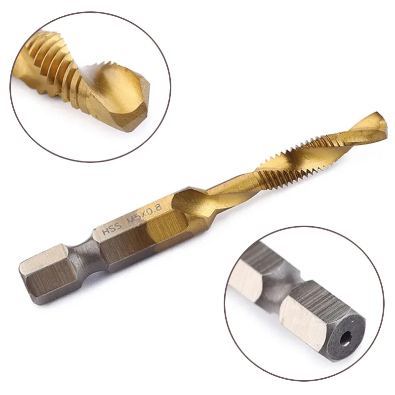 M3 M4 M5 M6 M8 M10 Tap Drill Bits 1/4 Hex Shank Machine Hand Taps Titanium Coated HSS Drilling Tap Bits Thread Screw Tools