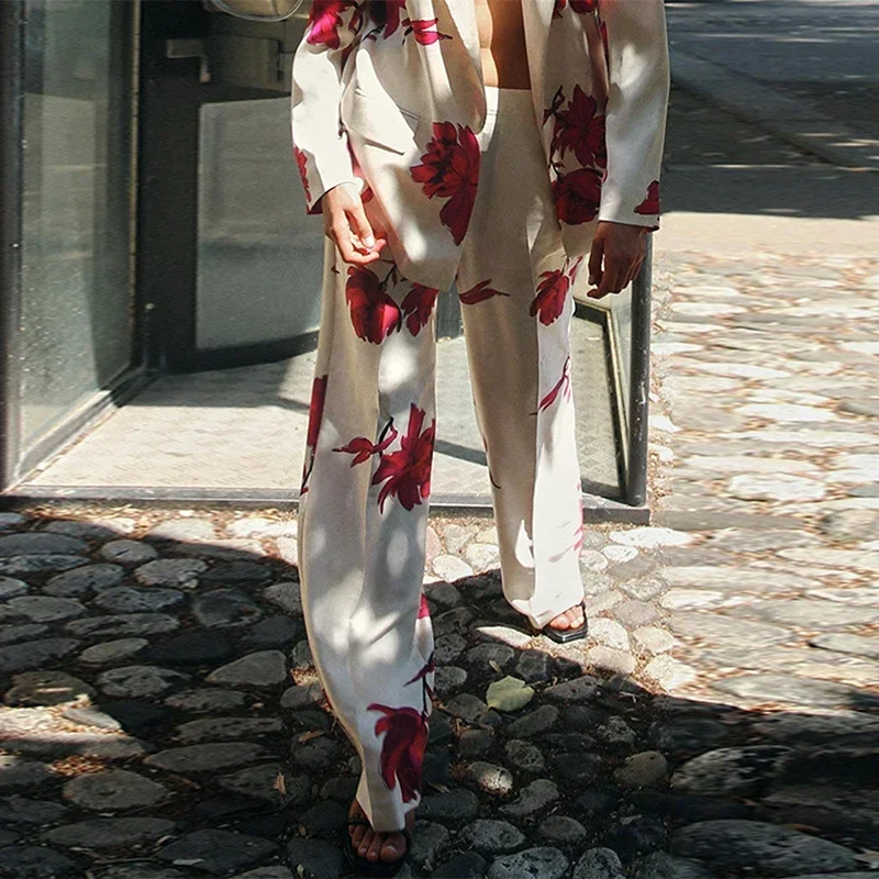Elegant Printed Pants 2 Piece Set Women Notched Collar Fake Pocket Blazer Coat High Waist Trousers 2024 Autumn Lady Loose Outfit