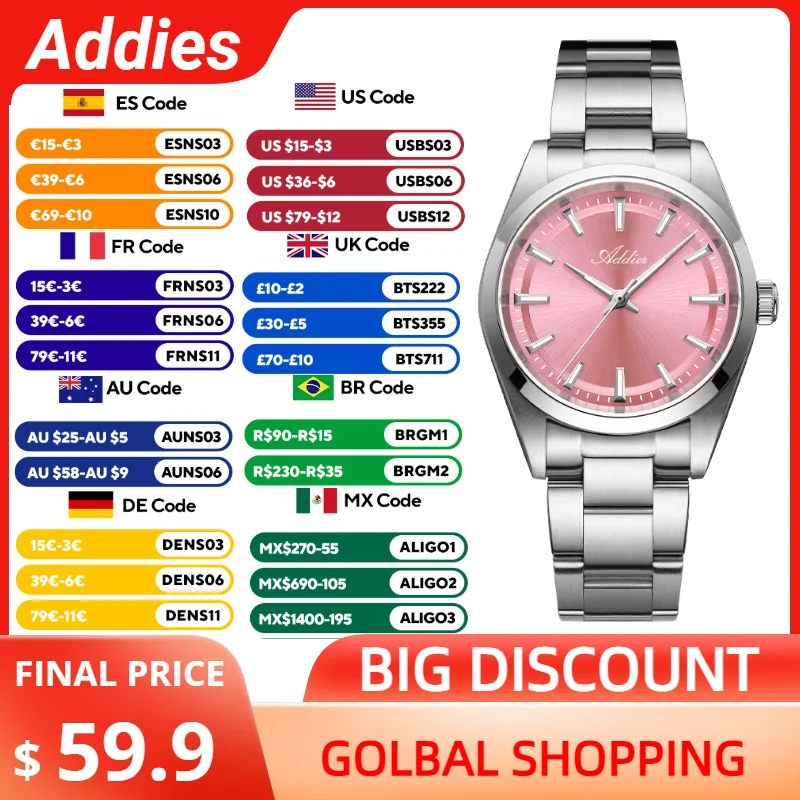 ADDIES Top Brand Quartz Woman Watch 31mm Sapphire Glass 50m Waterproof BGW9 Super Luminous Fashion Steel Watches for Ladies Gift