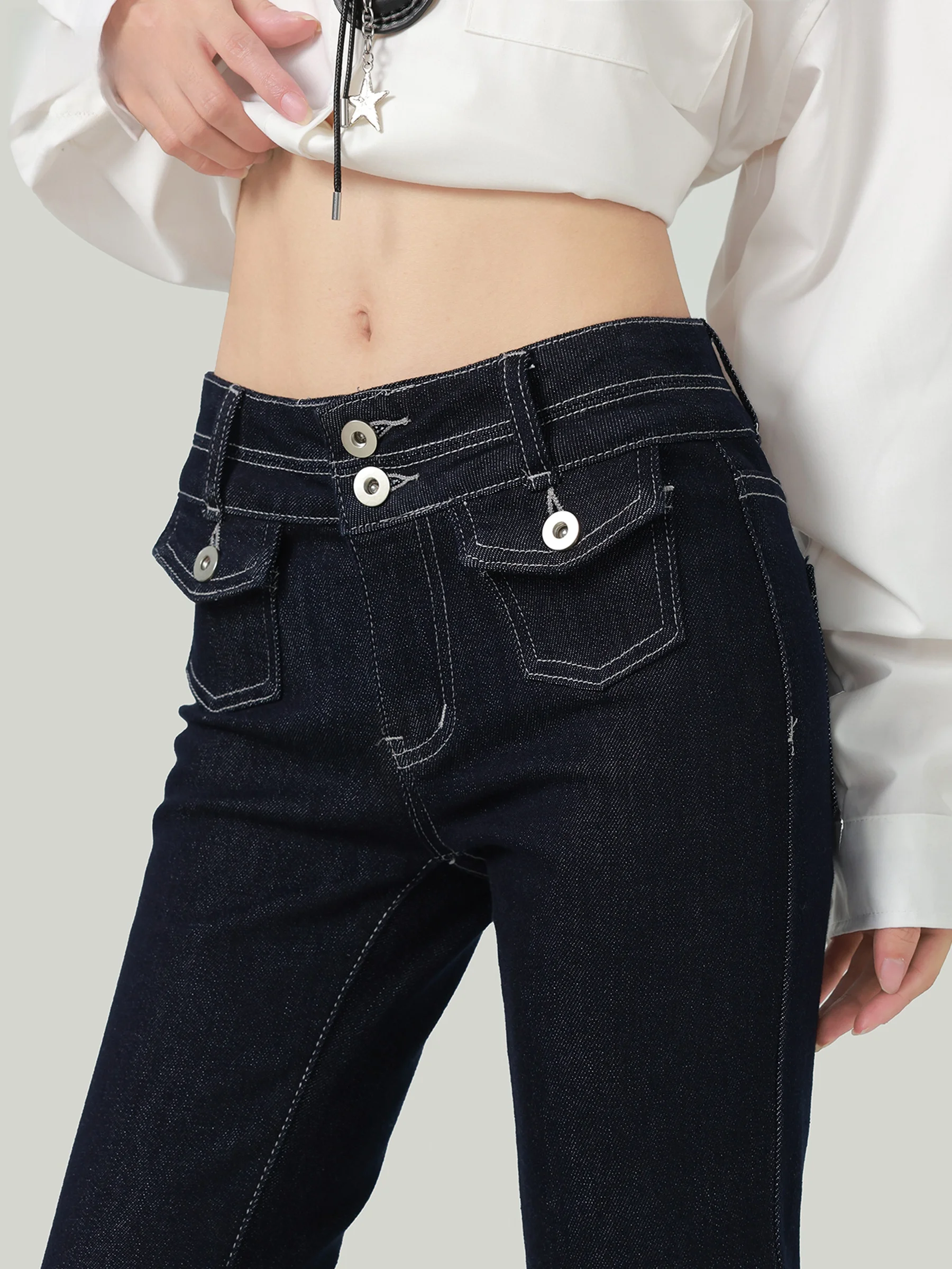 

Американские ретро-джинсы с низкой посадкой и расклешенными штанинами, женские, осень 2026, утягивающие, эластичные, повседневные, с высокой талией, джинсовые брюки-клеш