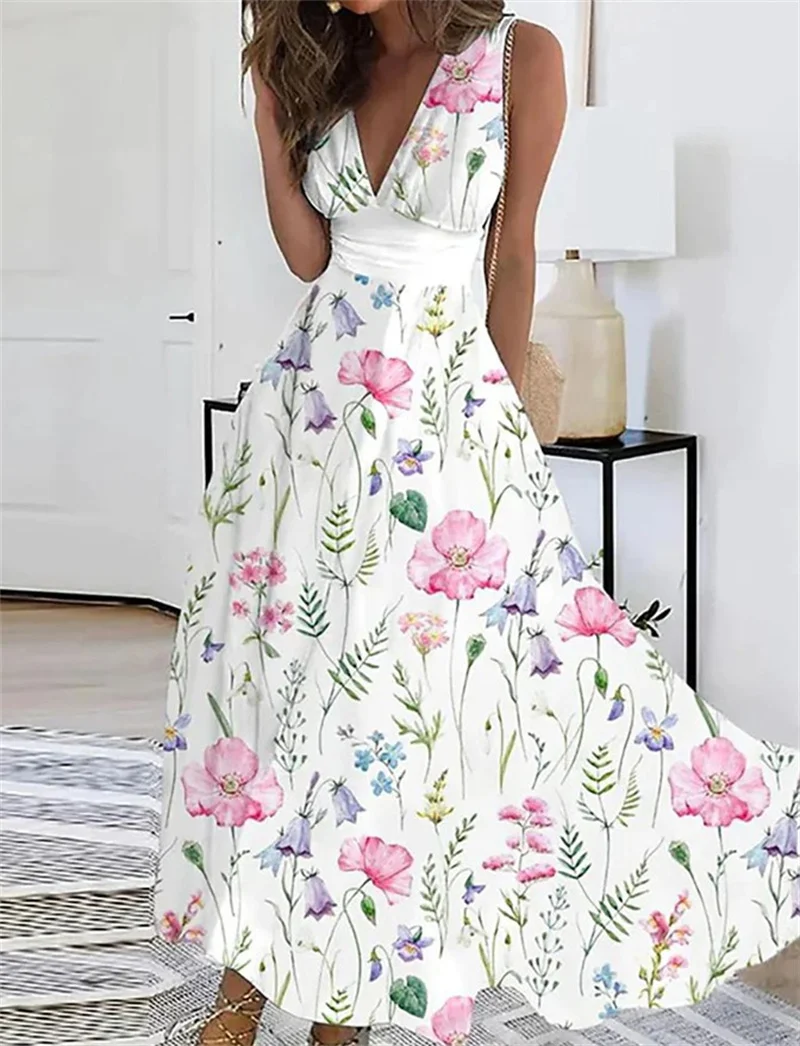 Elegant Botanical Flower Print Dresses Women\'s Deep V Neck High Waist Sleeveless Large Hem Dressy Female Sweet Style Casual Gown