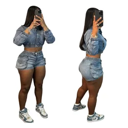 Summer Stretch Jeans Denim Shorts Set Women Stand Collar Single Breasted Tops+Elastic Waist Denim Shorts Slim Fit Two Piece Set