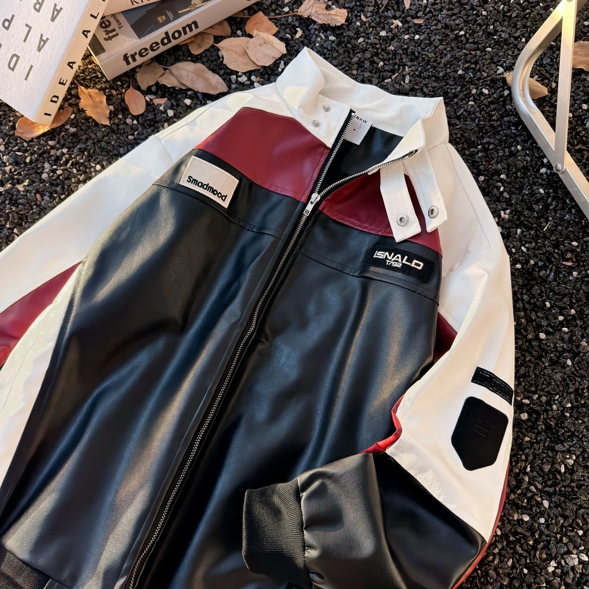 

Trendy High-End Faion Men's And Women's Biker Jaet Patchwork Collar Spring Autumn Casual Polyester Fiber Zipper Sve