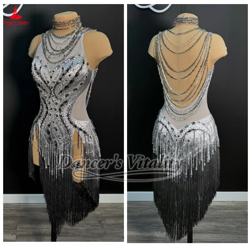 라틴 국제 챔피언십 블랙풀 댄스 축제 경쟁 의상 성인 살사 삼바 룸바 Tassels 드레스 사용자 정의