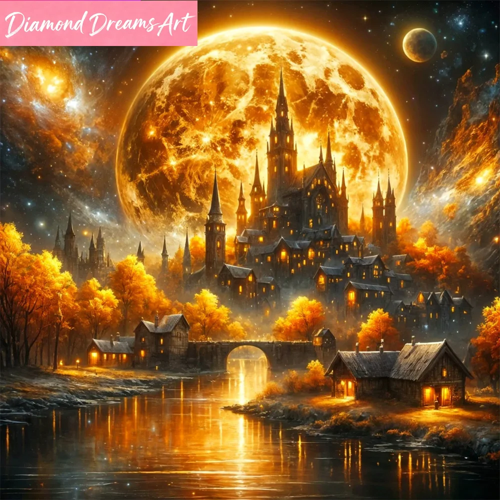 Neu eingetroffen: Diamant-Stickerei Schloss-Landschaft DIY-Gemälde Haus Brücke Kreuzstich Diamant-Mosaik Mond Wanddekoration, rahmenlos