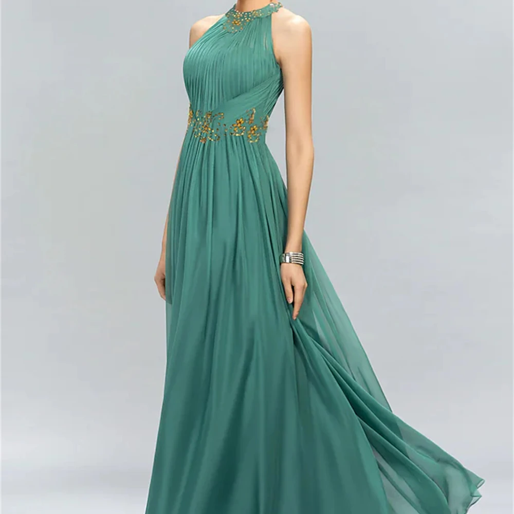 A-Line Halter-Neck Floor-Length Chiffon Sleeveless Wedding Guest Beading 2024 Homecoming Dress Back Zipper Prom Dress for Women